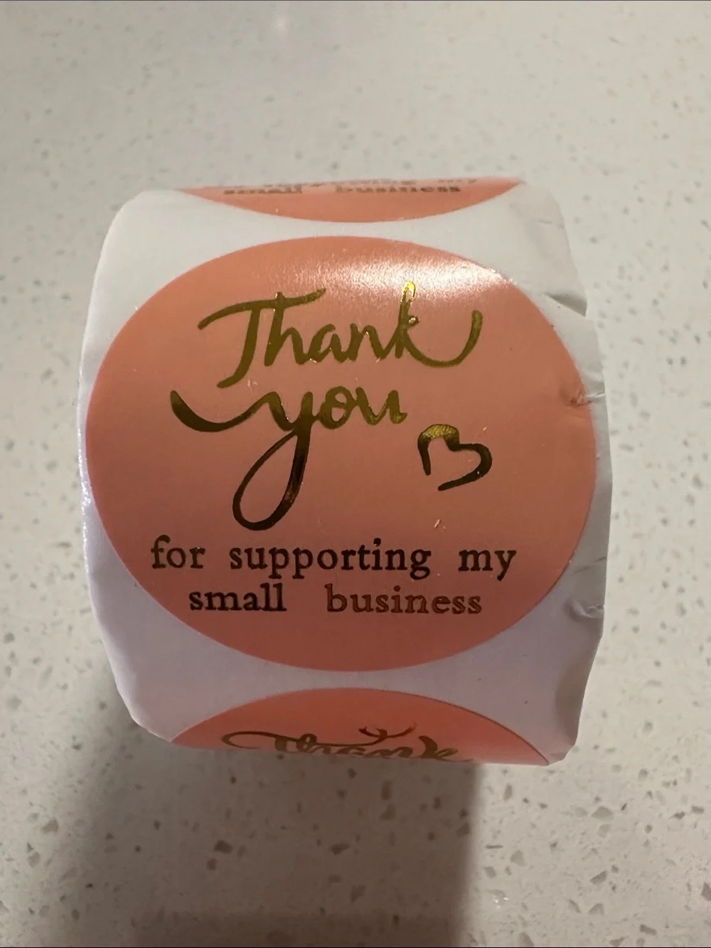 500 Labels and 50 Thank You Cards. Coral background with metallic gold lettering